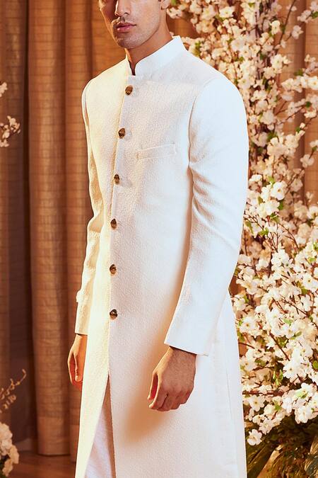 Buy_Jigar & Nikita_White Textured Sherwani And Churidar Set_Online_at_Aza_Fashions