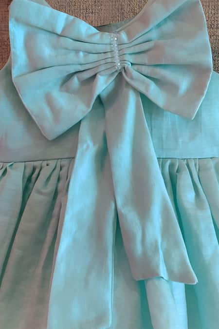 Buy_Little Secrets_Blue Linen Bows Flared Dress _Online_at_Aza_Fashions