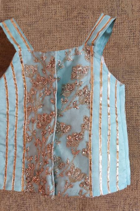 Buy_Little Secrets_Peach Net Embroidery, Gota Patti, Tassels Lehenga Set _Online_at_Aza_Fashions