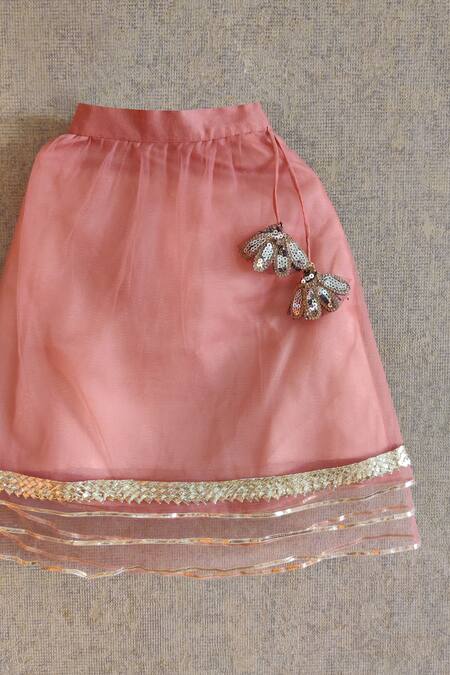 Shop_Little Secrets_Peach Net Embroidery, Gota Patti, Tassels Lehenga Set _Online_at_Aza_Fashions