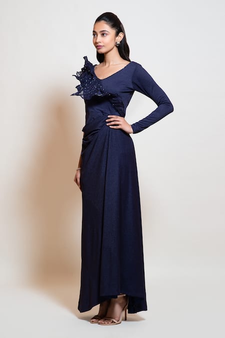 Smriti By Anju Agarwal_Blue Lycra, Lining Crepe 3d Flowers Round Embellished Draped Gown _Online_at_Aza_Fashions