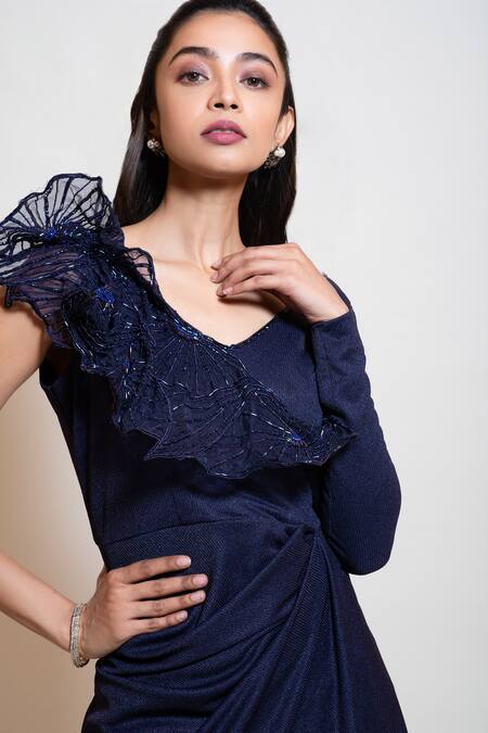 Buy_Smriti By Anju Agarwal_Blue Lycra, Lining Crepe 3d Flowers Round Embellished Draped Gown _Online_at_Aza_Fashions