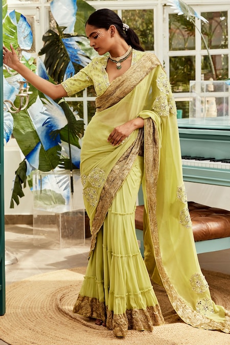 Green Brocade Blouse with Organza Green Saree – Dri By Himadri