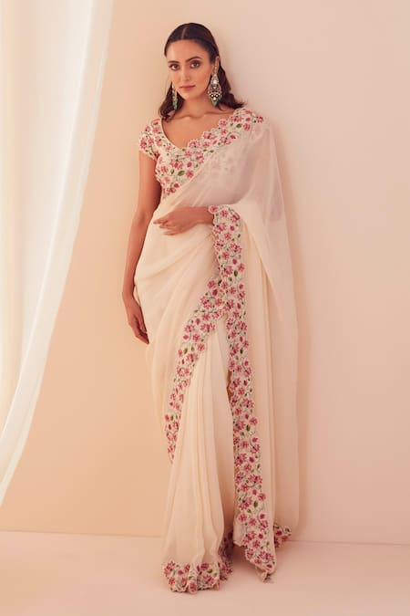 Sanjev Marwaaha Floral Embroidered Ple-Pleated Saree With Blouse 