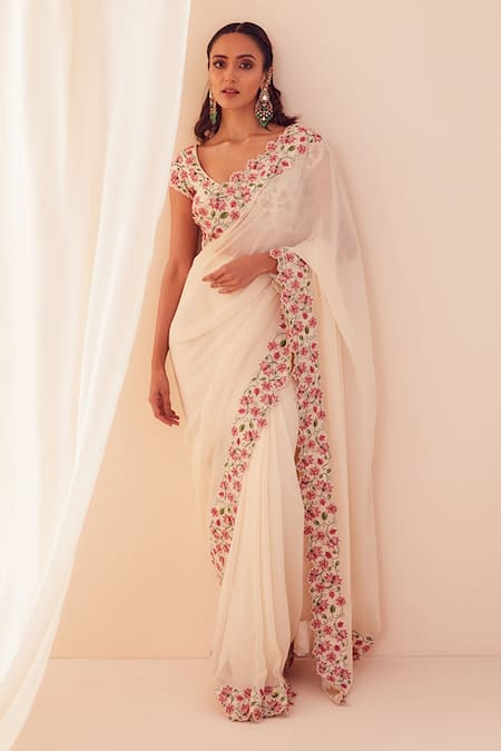 Sanjev Marwaaha White Georgette, Shantoon And Floral Embroidered Ple-pleated Saree With Blouse Online at Aza Fashions Sanjev Marwaaha_White Georgette, Shantoon And Floral Embroidered Ple-pleated Saree With Blouse_Online_at_Aza_Fashions