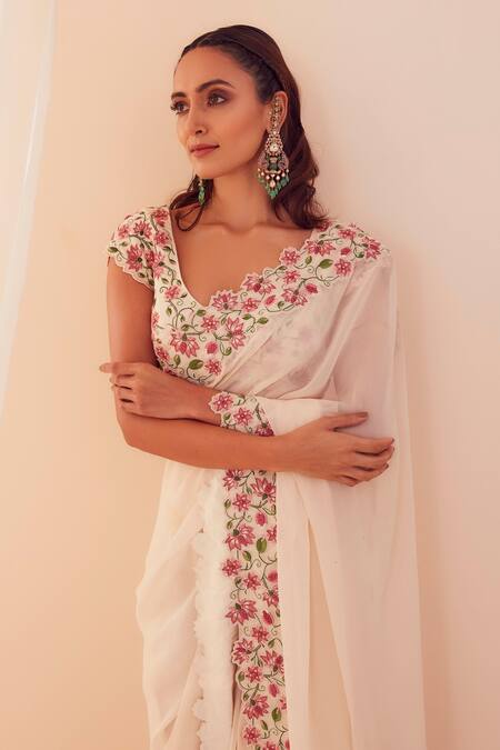 Buy Sanjev Marwaaha White Georgette, Shantoon And Floral Embroidered Ple-pleated Saree With Blouse Online at Aza Fashions Buy_Sanjev Marwaaha_White Georgette, Shantoon And Floral Embroidered Ple-pleated Saree With Blouse_Online_at_Aza_Fashions