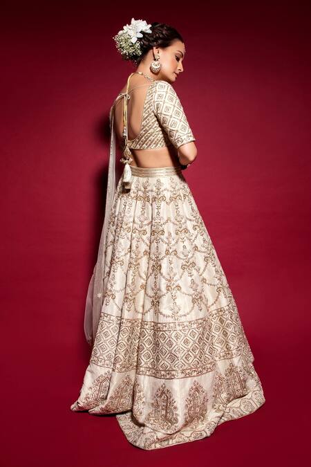 Shop_Sanjev Marwaaha_White Pure Linen Satin Silk Resham, Beads, Cutdana And Stones, Zardozi Lehenga Set_at_Aza_Fashions