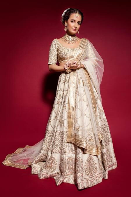 Sanjev Marwaaha_White Pure Linen Satin Silk Resham, Beads, Cutdana And Stones, Zardozi Lehenga Set_Online_at_Aza_Fashions
