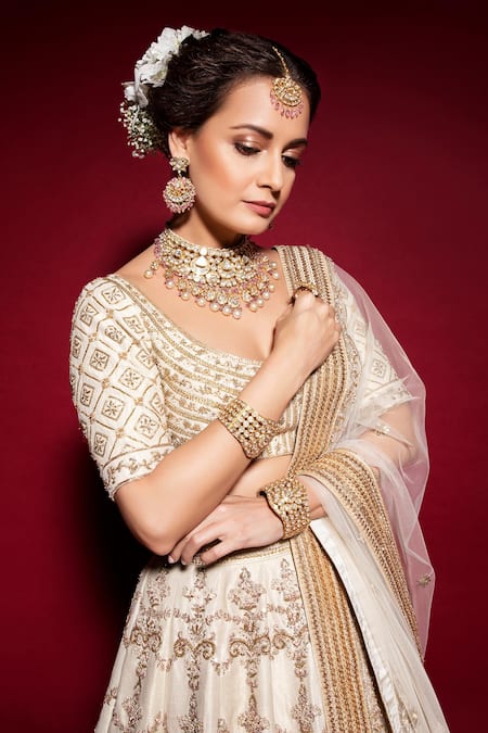 Buy_Sanjev Marwaaha_White Pure Linen Satin Silk Resham, Beads, Cutdana And Stones, Zardozi Lehenga Set_Online_at_Aza_Fashions