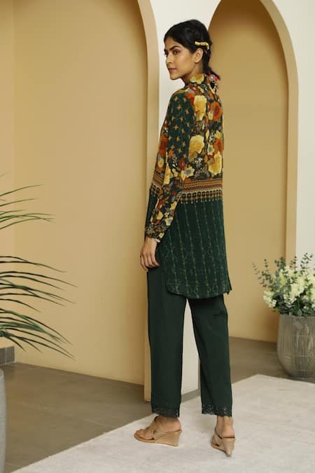 Kalista_Green Viscose Crepe Shirt Collar Alayah Tunic And Pant Set _Online_at_Aza_Fashions