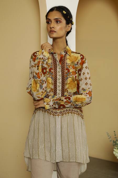 Kalista Beige Viscose Crepe Shirt Collar Alayah Tunic And Pant Set Online at Aza Fashions Kalista_Beige Viscose Crepe Shirt Collar Alayah Tunic And Pant Set _Online_at_Aza_Fashions