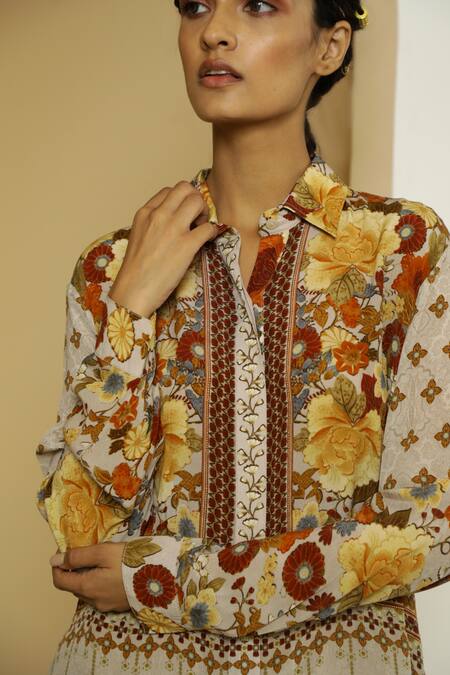 Buy Kalista Beige Viscose Crepe Shirt Collar Alayah Tunic And Pant Set Online at Aza Fashions Buy_Kalista_Beige Viscose Crepe Shirt Collar Alayah Tunic And Pant Set _Online_at_Aza_Fashions