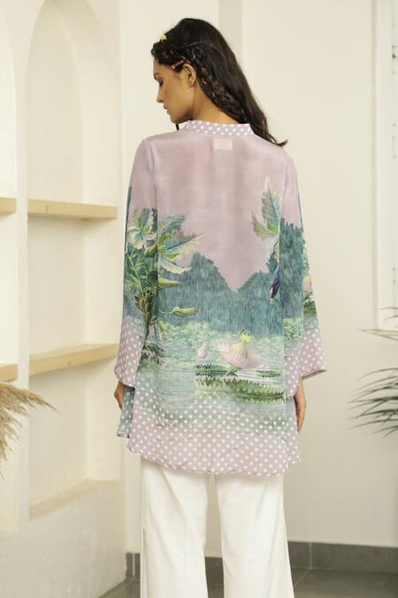 Buy_Kalista_Purple Viscose Crepe Mandarin Collar Rose Tunic And Pant Set _Online_at_Aza_Fashions