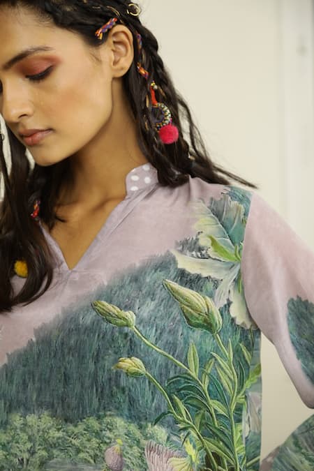 Shop_Kalista_Purple Viscose Crepe Mandarin Collar Rose Tunic And Pant Set _Online_at_Aza_Fashions