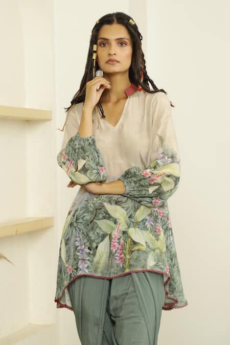 Kalista Beige Viscose Crepe Mandarin Collar Dahlia Tunic And Tulip Pant Set Online at Aza Fashions Kalista_Beige Viscose Crepe Mandarin Collar Dahlia Tunic And Tulip Pant Set _Online_at_Aza_Fashions