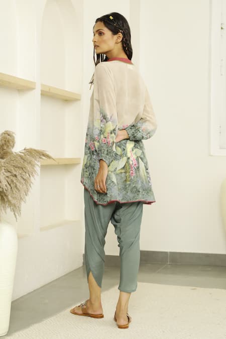 Buy Kalista Beige Viscose Crepe Mandarin Collar Dahlia Tunic And Tulip Pant Set Online at Aza Fashions Buy_Kalista_Beige Viscose Crepe Mandarin Collar Dahlia Tunic And Tulip Pant Set _Online_at_Aza_Fashions