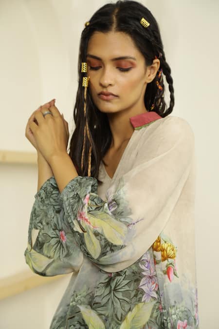 Shop Kalista Beige Viscose Crepe Mandarin Collar Dahlia Tunic And Tulip Pant Set Online at Aza Fashions Shop_Kalista_Beige Viscose Crepe Mandarin Collar Dahlia Tunic And Tulip Pant Set _Online_at_Aza_Fashions