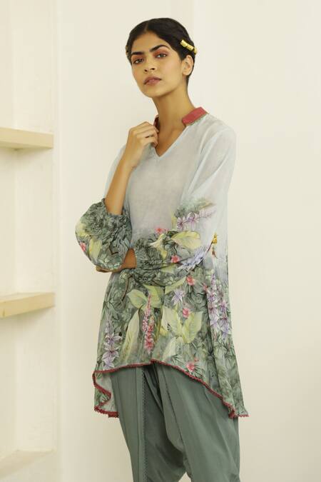 Kalista_Grey Viscose Crepe Mandarin Collar Dahlia Tunic And Tulip Pant Set _Online_at_Aza_Fashions