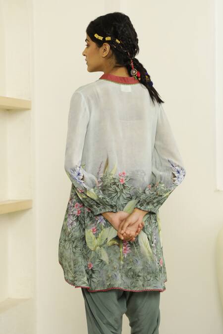 Buy_Kalista_Grey Viscose Crepe Mandarin Collar Dahlia Tunic And Tulip Pant Set _Online_at_Aza_Fashions