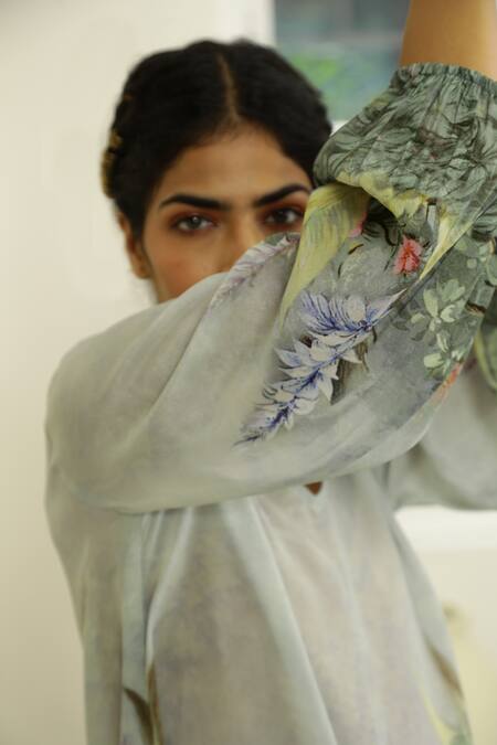 Shop_Kalista_Grey Viscose Crepe Mandarin Collar Dahlia Tunic And Tulip Pant Set _Online_at_Aza_Fashions