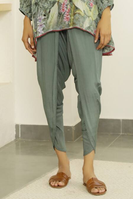 Kalista_Grey Viscose Crepe Mandarin Collar Dahlia Tunic And Tulip Pant Set _at_Aza_Fashions