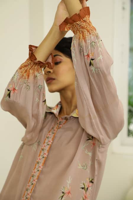 Buy_Kalista_Peach Viscose Crepe Shirt Collar Saina Tunic And Pant Set _Online_at_Aza_Fashions