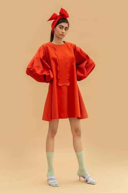 Little Things Studio Orange Cotton Satin Embroidery Round Bishop Sleeve Dress