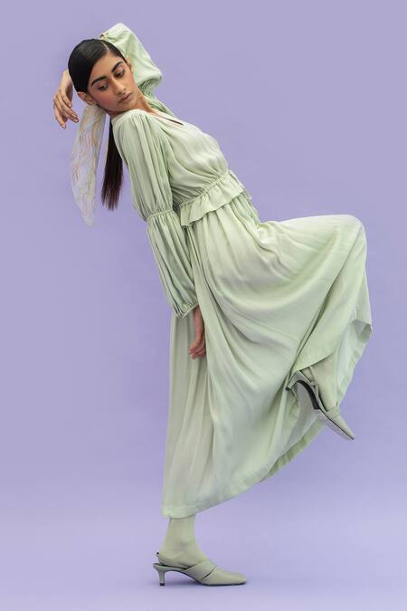 Little Things Studio_Green Embroidery V Neck Peplum Dress_Online_at_Aza_Fashions