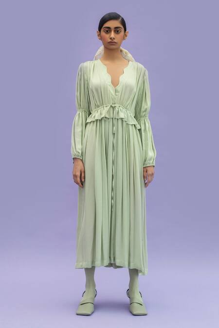 Buy_Little Things Studio_Green Embroidery V Neck Peplum Dress_Online_at_Aza_Fashions