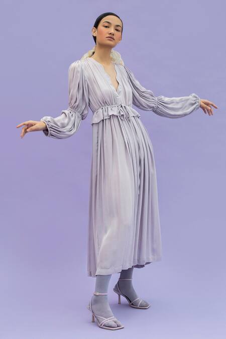 Little Things Studio_Purple Embroidery V Neck Peplum Dress_Online_at_Aza_Fashions