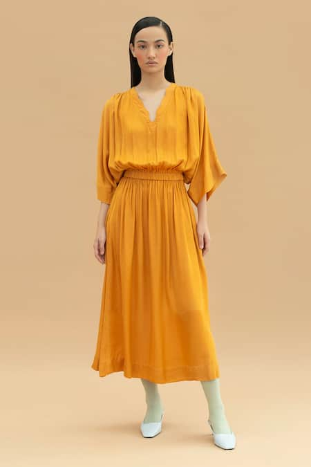 Little Things Studio Orange Embroidery V Neck Gathered Midi Dress