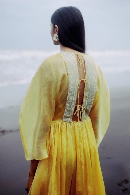 Little Things Studio_Yellow Silk Satin Organza Round Embroidered Dress _Online_at_Aza_Fashions