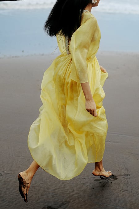 Buy_Little Things Studio_Yellow Silk Satin Organza Round Embroidered Dress _Online_at_Aza_Fashions