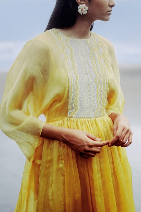 Shop_Little Things Studio_Yellow Silk Satin Organza Round Embroidered Dress _Online_at_Aza_Fashions