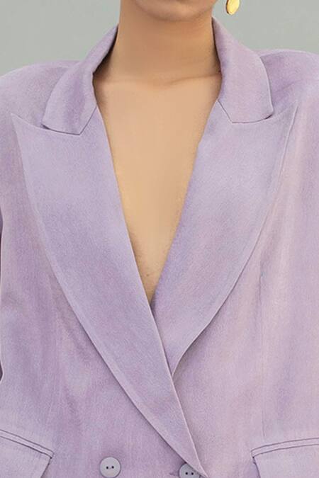 Shop_Little Things Studio_Purple Cotton Satin Lapel Collar Double Breasted Jacket And Pant Set_Online_at_Aza_Fashions