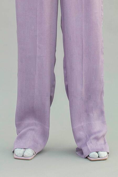 Little Things Studio_Purple Cotton Satin Lapel Collar Double Breasted Jacket And Pant Set_at_Aza_Fashions