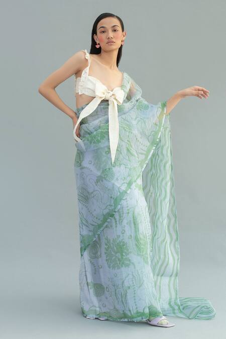 Buy_Little Things Studio_Blue Organza Printed Saree_Online_at_Aza_Fashions