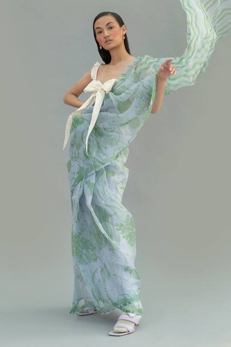 Little Things Studio_Blue Organza Printed Saree_Online_at_Aza_Fashions