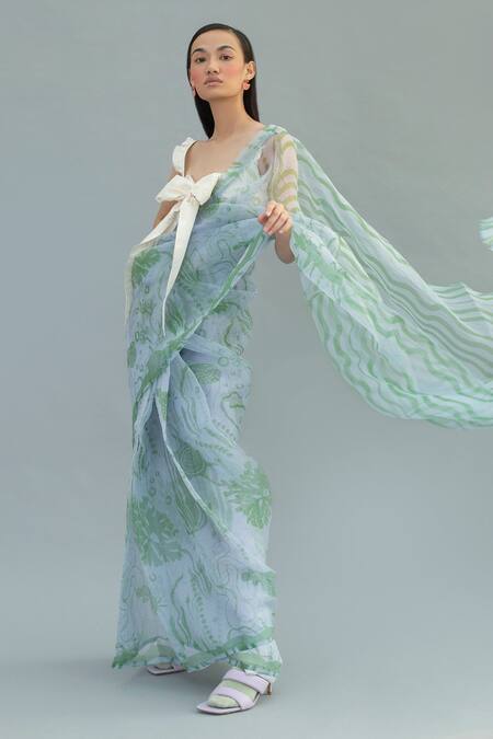 Shop_Little Things Studio_Blue Organza Printed Saree_Online_at_Aza_Fashions