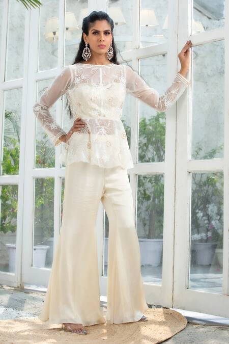 Kanj by Priyanka A Sakhuja - Ivory Silk Satin Hand Embroidered Sequin And  Luca Peplum Top & Pant Set For Women