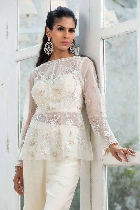 Buy Ivory Silk Satin Hand Embroidered Sequin And Luca Peplum Top 