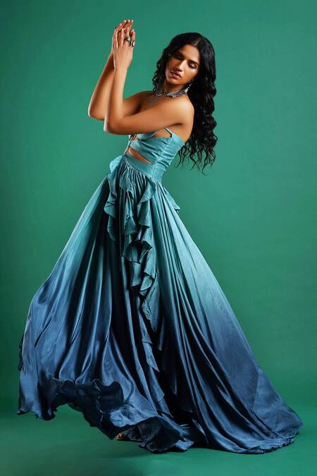 Buy_Nidhi Yasha_Blue Viscose Embroidery Halter Ombre Gown  _Online_at_Aza_Fashions