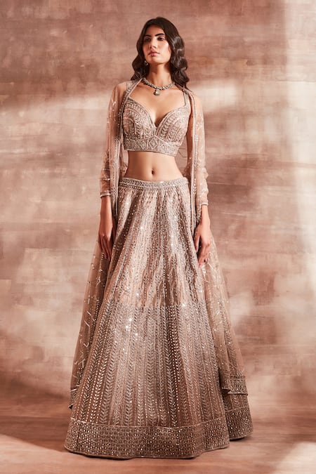 Studio Iris India Beige Organza Sweetheart Neck Bridal Lehenga Set 