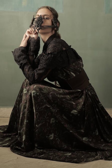 Nidhi Yasha_Black Viscose Printed Lace Work High Neck Gown  _Online_at_Aza_Fashions