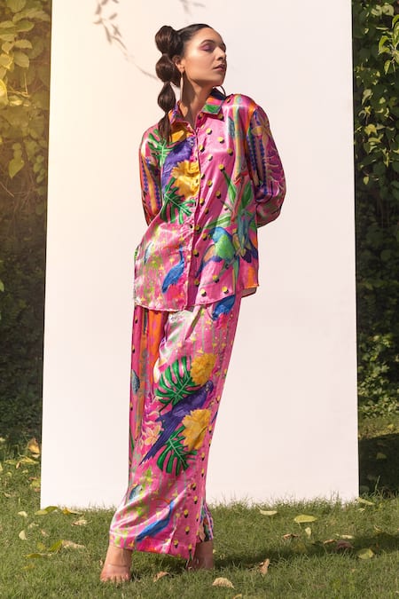 The Boozy Button Satin Silk Printed Shirt & Flared Pant Set 