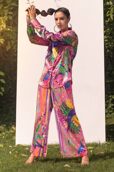 The Boozy Button_Multi Color Satin Silk Digital Print Spread Collar Shirt And Flared Pant Set_Online_at_Aza_Fashions