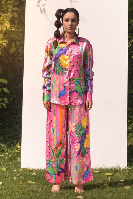 Buy_The Boozy Button_Multi Color Satin Silk Digital Print Spread Collar Shirt And Flared Pant Set_Online_at_Aza_Fashions