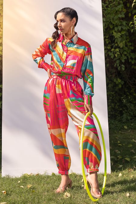 Buy_The Boozy Button_Multi Color Satin Silk Digital Print Spread Collar Shirt And Jogger Set_Online_at_Aza_Fashions