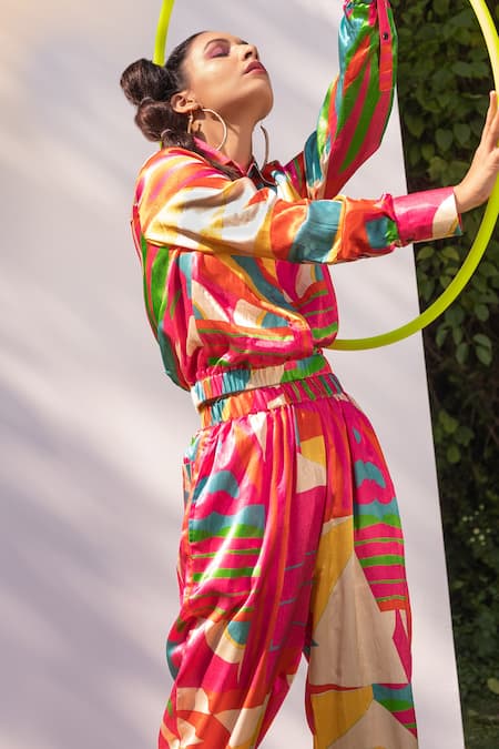 The Boozy Button_Multi Color Satin Silk Digital Print Spread Collar Shirt And Jogger Set_at_Aza_Fashions