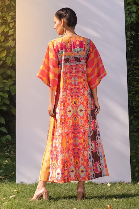 Shop_The Boozy Button_Orange Cotton Silk Digital Print Round Kaftan Kurta And Palazzo Set_at_Aza_Fashions